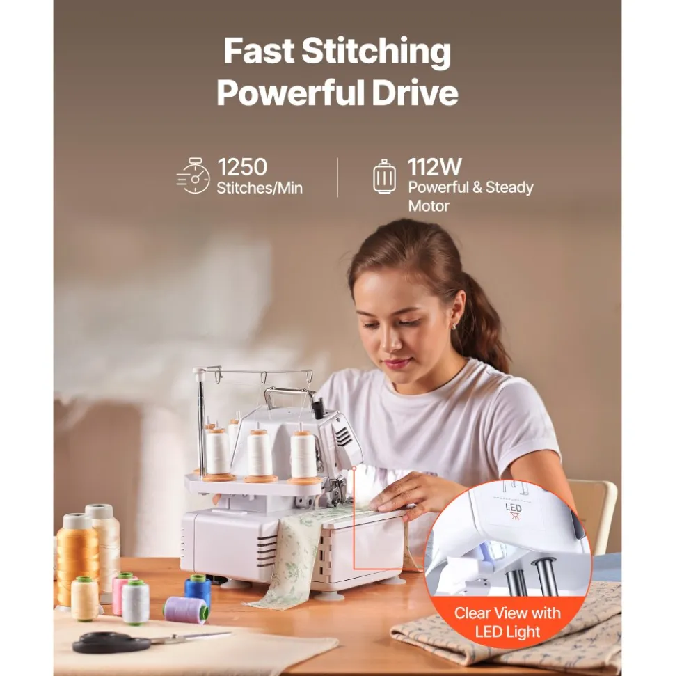 VEVOR Serger Overlock Sewing Machine, 1250 Stitches Per Minute, 2-3-5 Thread Capability, with LED Light and Strong Suction Feet, Heavy-Duty Metal Frame Sewing Machine for Various Fabrics, White