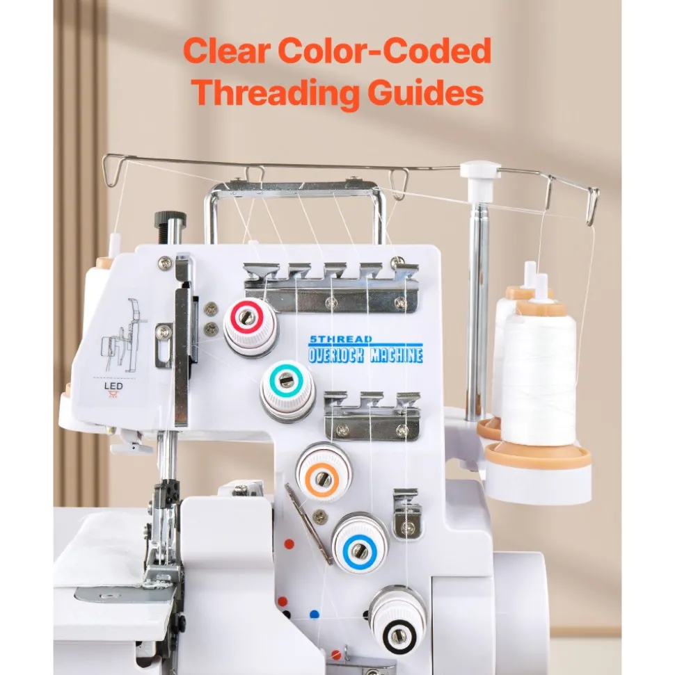 VEVOR Serger Overlock Sewing Machine, 1250 Stitches Per Minute, 2-3-5 Thread Capability, with LED Light and Strong Suction Feet, Heavy-Duty Metal Frame Sewing Machine for Various Fabrics, White