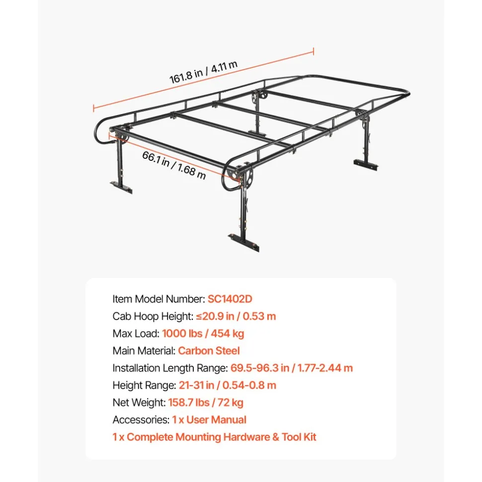 VEVOR Service Body Truck Ladder Rack 1000LBS Capacity Over-Cab Trucks Rack, 21"-31" Height Adjustable, Fit Single/Dual Rear Wheel Utility Truck, Heavy Duty Steel Support for Kayak Surfboard Lumber