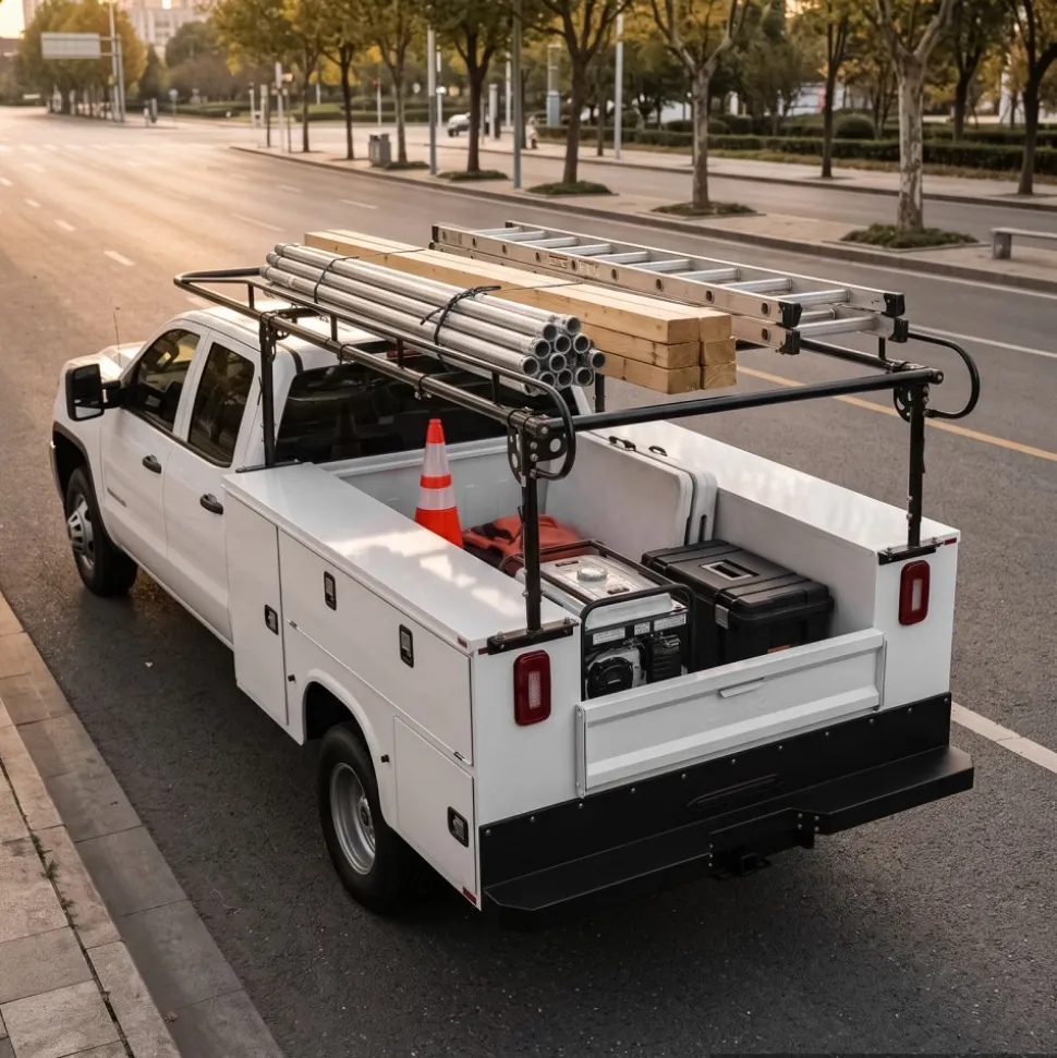 VEVOR Service Body Truck Ladder Rack 1000LBS Capacity Over-Cab Trucks Rack, 21"-31" Height Adjustable, Fit Single/Dual Rear Wheel Utility Truck, Heavy Duty Steel Support for Kayak Surfboard Lumber