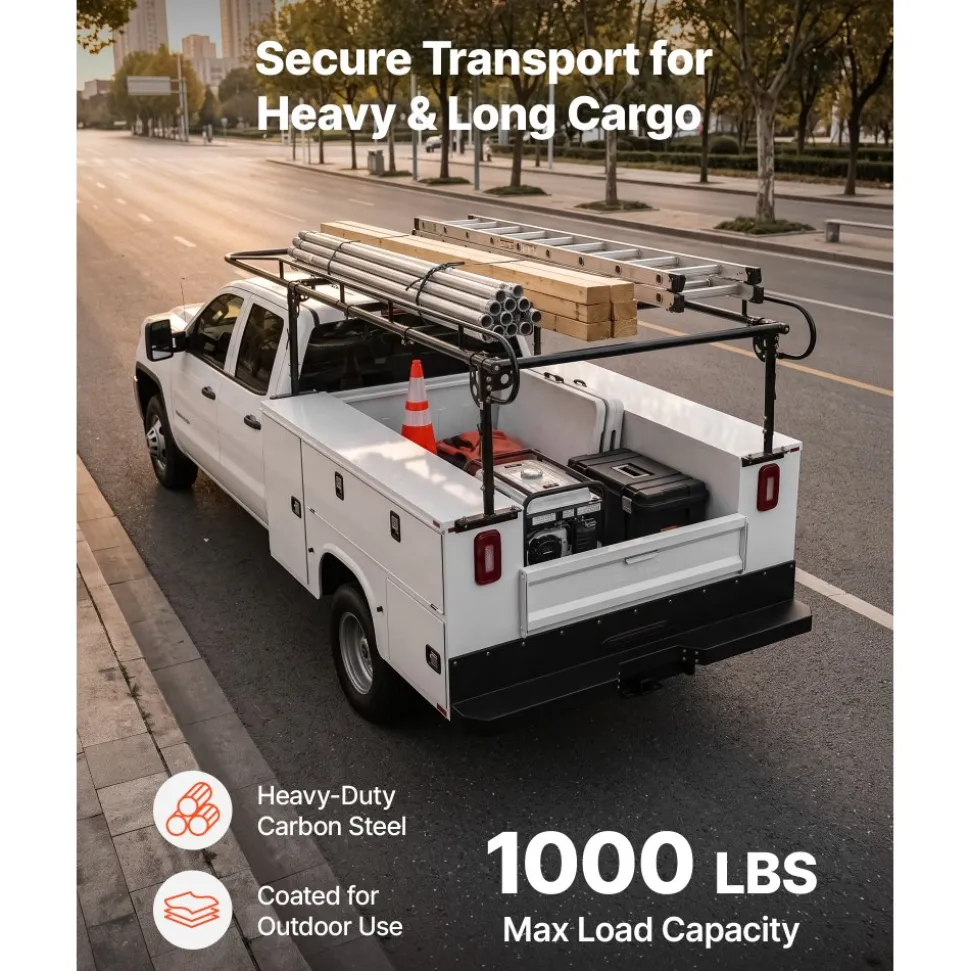VEVOR Service Body Truck Ladder Rack 1000LBS Capacity Over-Cab Trucks Rack, 21"-31" Height Adjustable, Fit Single/Dual Rear Wheel Utility Truck, Heavy Duty Steel Support for Kayak Surfboard Lumber