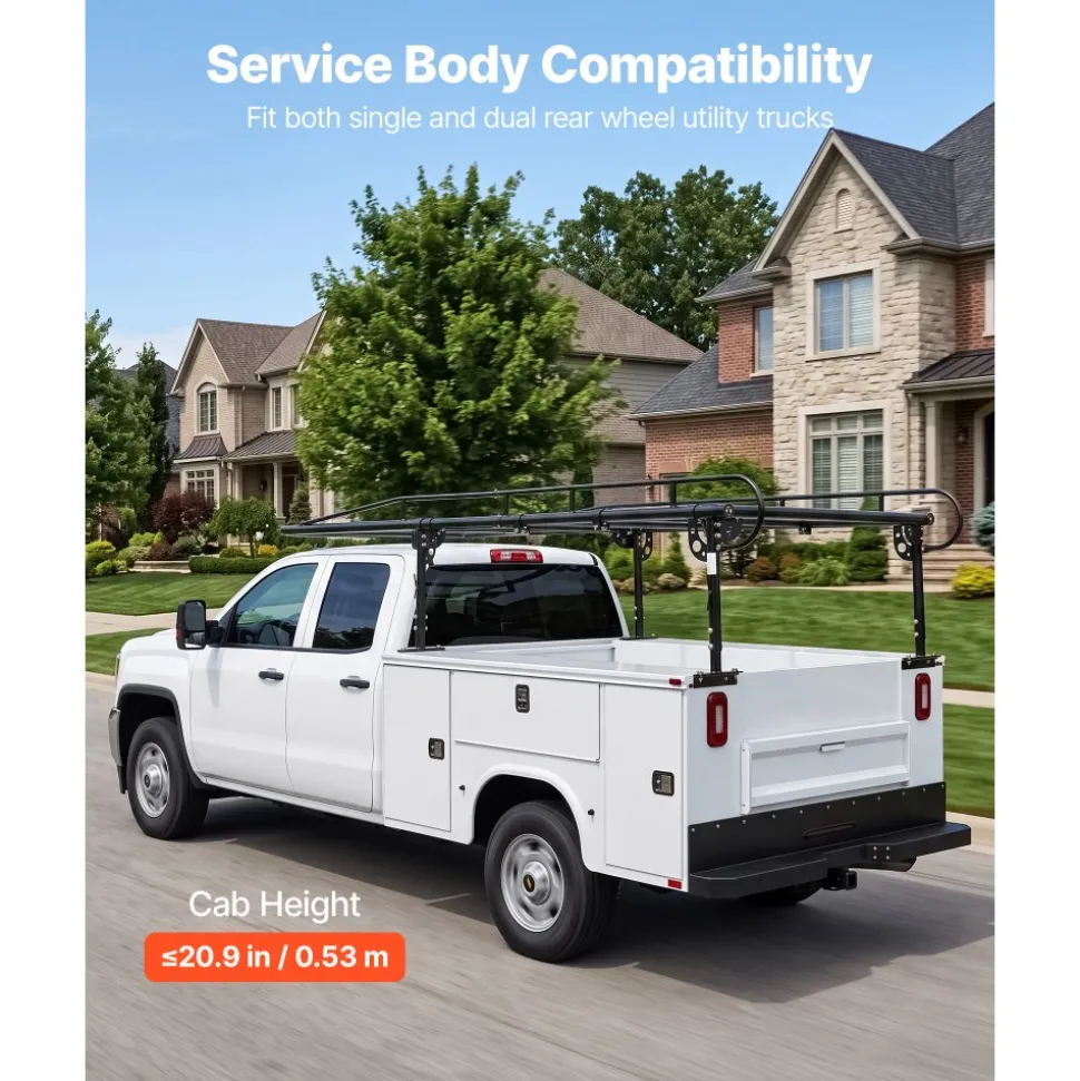 VEVOR Service Body Truck Ladder Rack 1000LBS Capacity Over-Cab Trucks Rack, 21"-31" Height Adjustable, Fit Single/Dual Rear Wheel Utility Truck, Heavy Duty Steel Support for Kayak Surfboard Lumber