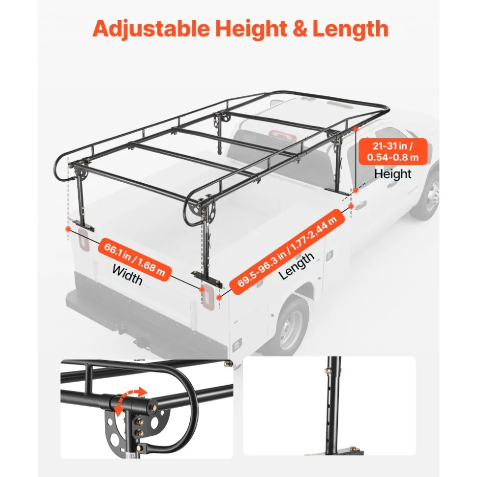 VEVOR Service Body Truck Ladder Rack 1000LBS Capacity Over-Cab Trucks Rack, 21"-31" Height Adjustable, Fit Single/Dual Rear Wheel Utility Truck, Heavy Duty Steel Support for Kayak Surfboard Lumber