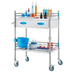 VEVOR Service Cart, 2 Layers Stainless Steel Utility Rolling Cart, Medical Cart with Two Drawers, Dental Utility Cart with Lockable Wheels and A Bucket, Ideal for Laboratory, Hospital, Dental Use