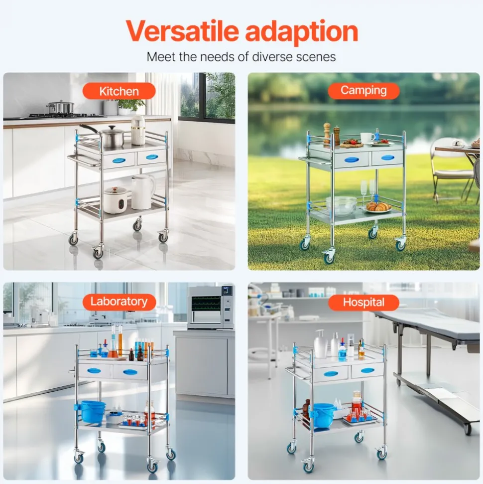 VEVOR Service Cart, 2 Layers Stainless Steel Utility Rolling Cart, Medical Cart with Two Drawers, Dental Utility Cart with Lockable Wheels and A Bucket, Ideal for Laboratory, Hospital, Dental Use