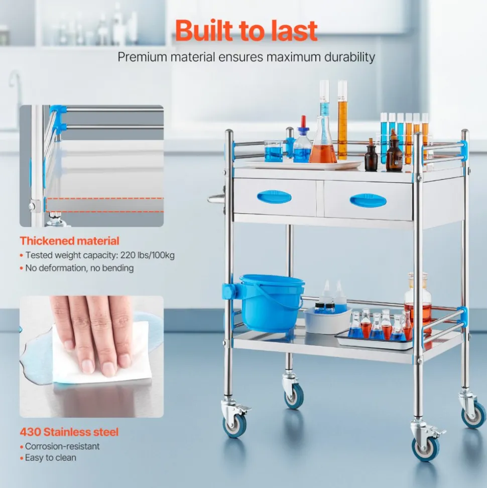 VEVOR Service Cart, 2 Layers Stainless Steel Utility Rolling Cart, Medical Cart with Two Drawers, Dental Utility Cart with Lockable Wheels and A Bucket, Ideal for Laboratory, Hospital, Dental Use