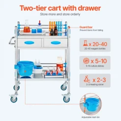 VEVOR Service Cart, 2 Layers Stainless Steel Utility Rolling Cart, Medical Cart with Two Drawers, Dental Utility Cart with Lockable Wheels and A Bucket, Ideal for Laboratory, Hospital, Dental Use