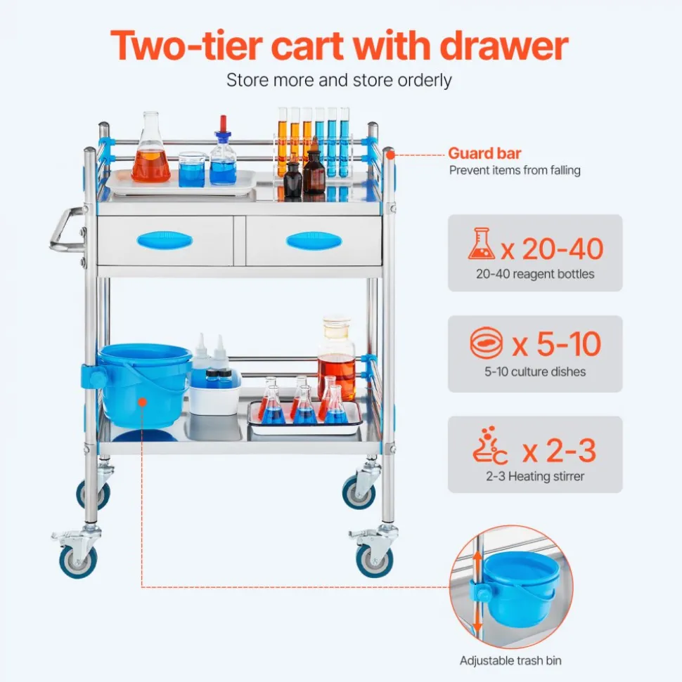 VEVOR Service Cart, 2 Layers Stainless Steel Utility Rolling Cart, Medical Cart with Two Drawers, Dental Utility Cart with Lockable Wheels and A Bucket, Ideal for Laboratory, Hospital, Dental Use