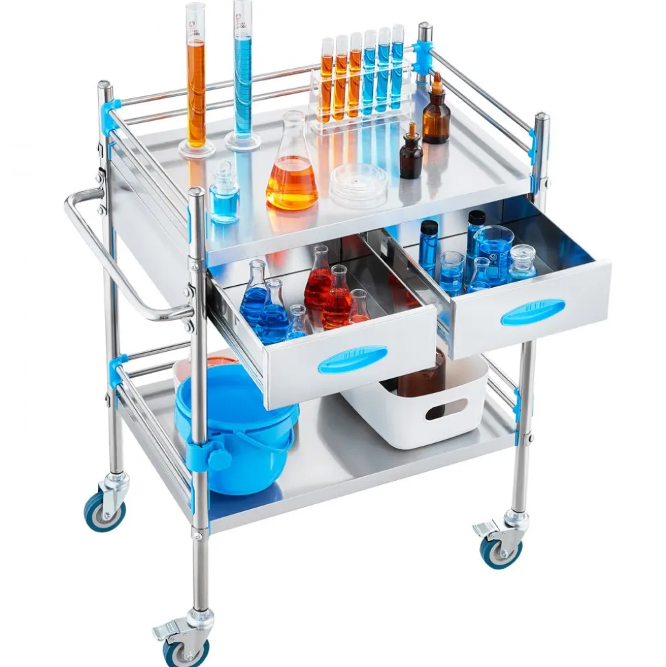 VEVOR Service Cart, 2 Layers Stainless Steel Utility Rolling Cart, Medical Cart with Two Drawers, Dental Utility Cart with Lockable Wheels and A Bucket, Ideal for Laboratory, Hospital, Dental Use