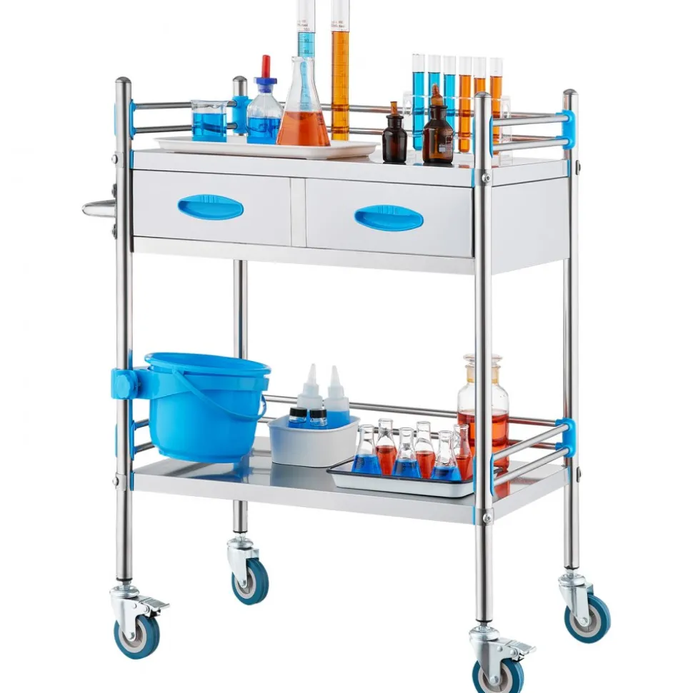 VEVOR Service Cart, 2 Layers Stainless Steel Utility Rolling Cart, Medical Cart with Two Drawers, Dental Utility Cart with Lockable Wheels and A Bucket, Ideal for Laboratory, Hospital, Dental Use