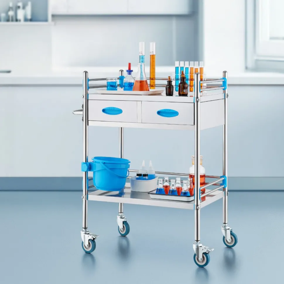 VEVOR Service Cart, 2 Layers Stainless Steel Utility Rolling Cart, Medical Cart with Two Drawers, Dental Utility Cart with Lockable Wheels and A Bucket, Ideal for Laboratory, Hospital, Dental Use