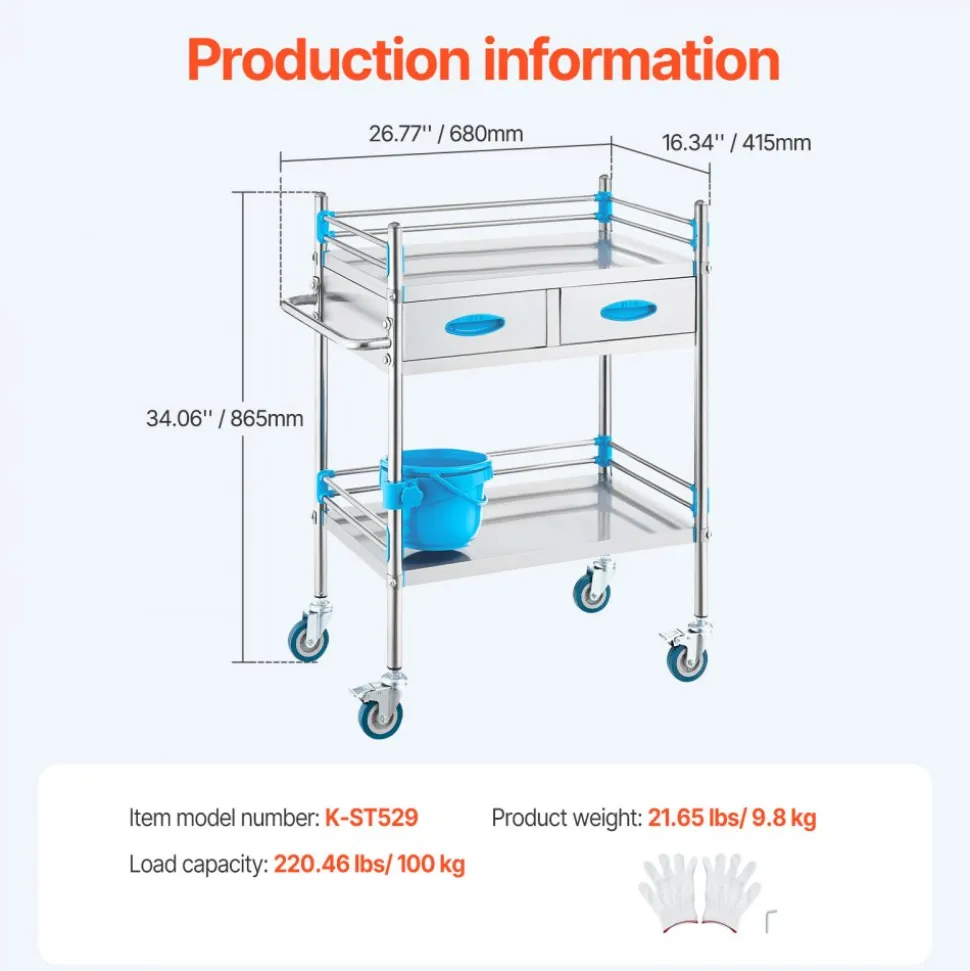 VEVOR Service Cart, 2 Layers Stainless Steel Utility Rolling Cart, Medical Cart with Two Drawers, Dental Utility Cart with Lockable Wheels and A Bucket, Ideal for Laboratory, Hospital, Dental Use