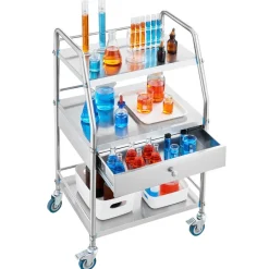 VEVOR Service Cart, 3 Layers Stainless Steel Utility Rolling Cart, Medical Cart with Drawer, Dental Utility Cart with Lockable Wheels, Ideal for Laboratory, Hospital, Dental Use