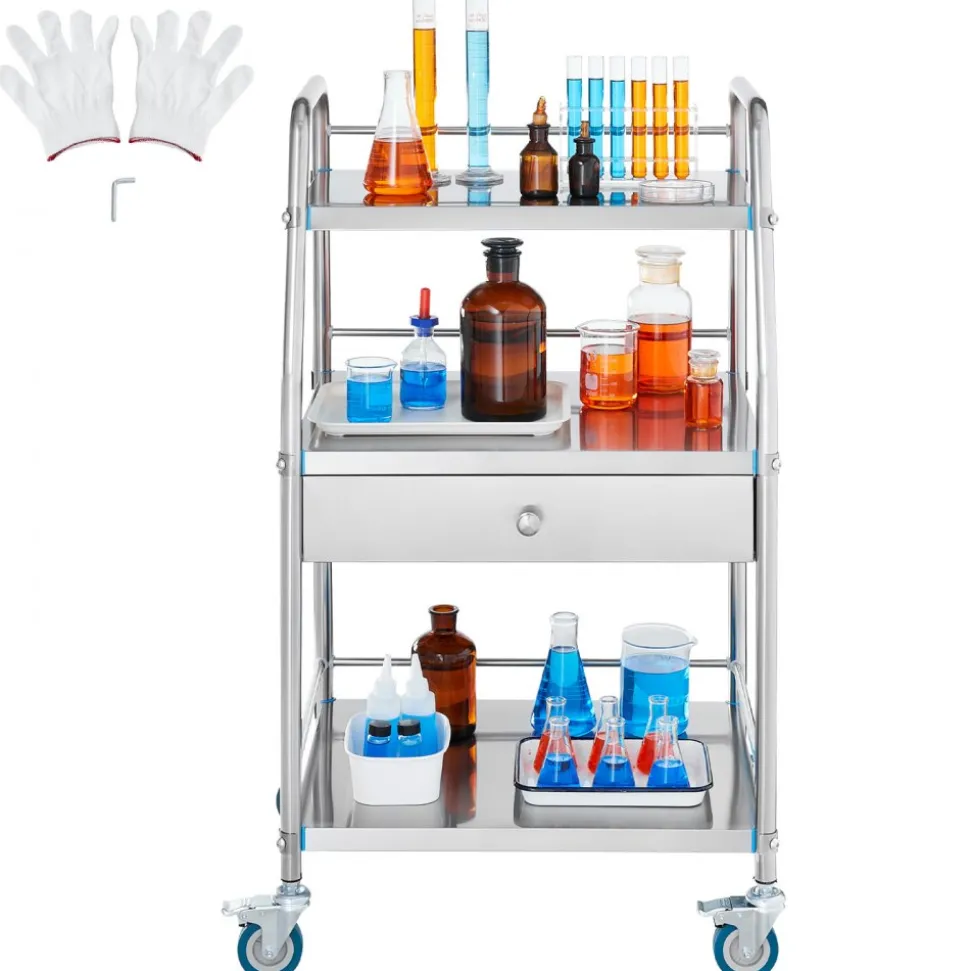 VEVOR Service Cart, 3 Layers Stainless Steel Utility Rolling Cart, Medical Cart with Drawer, Dental Utility Cart with Lockable Wheels, Ideal for Laboratory, Hospital, Dental Use