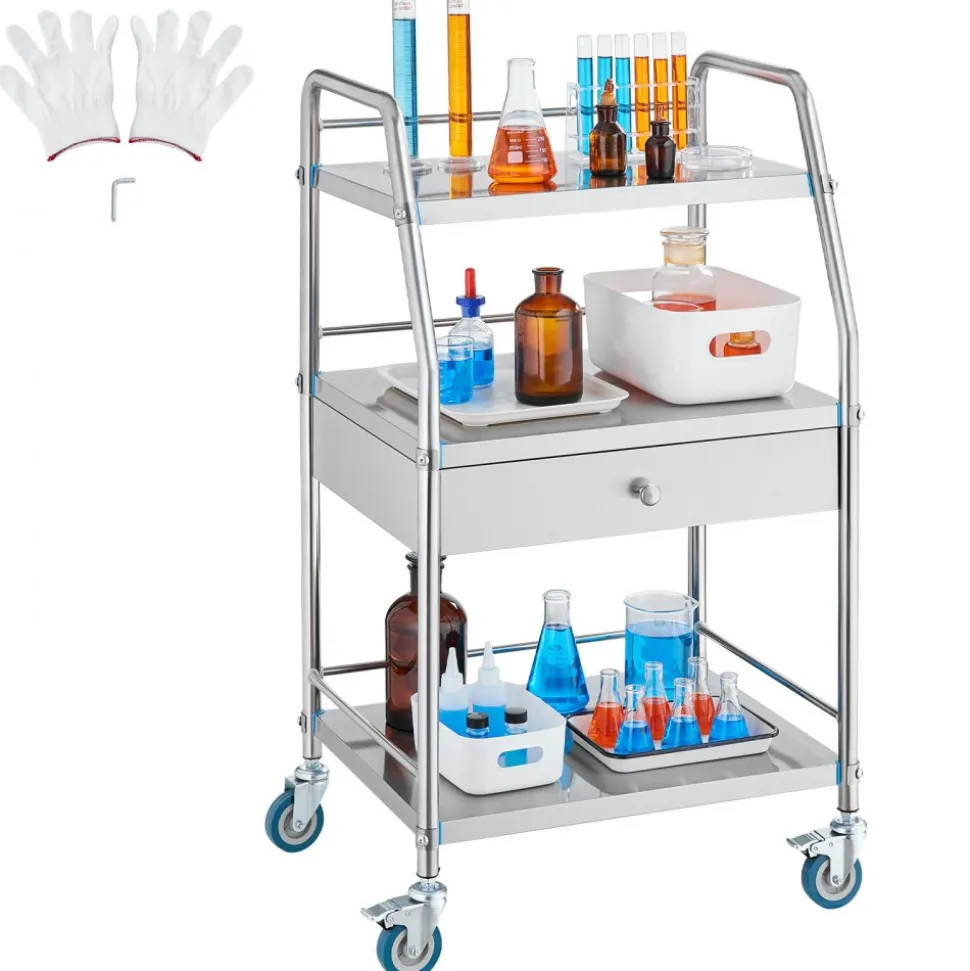 VEVOR Service Cart, 3 Layers Stainless Steel Utility Rolling Cart, Medical Cart with Drawer, Dental Utility Cart with Lockable Wheels, Ideal for Laboratory, Hospital, Dental Use