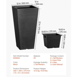 VEVOR Set of 2 Tall Outdoor Planters 22inch, Large Planters For Outdoor Indoor Plants, Black Tapered Square Front Porch Planters Flower Tree Plant Pots with Modern Design and Built-in Drainage