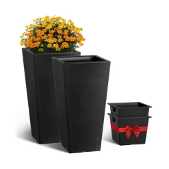VEVOR Set of 2 Tall Outdoor Planters 22inch, Large Planters For Outdoor Indoor Plants, Black Tapered Square Front Porch Planters Flower Tree Plant Pots with Modern Design and Built-in Drainage