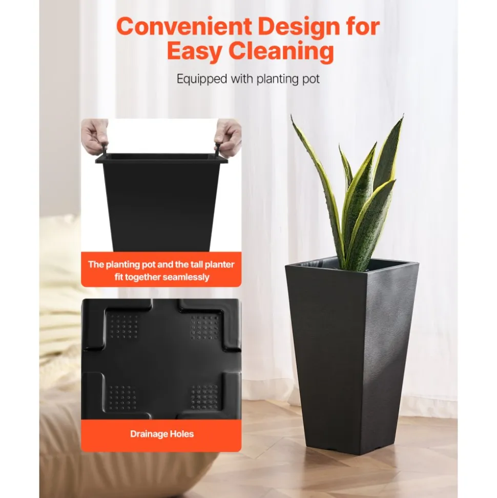 VEVOR Set of 2 Tall Outdoor Planters 22inch, Large Planters For Outdoor Indoor Plants, Black Tapered Square Front Porch Planters Flower Tree Plant Pots with Modern Design and Built-in Drainage