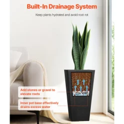 VEVOR Set of 2 Tall Outdoor Planters 22inch, Large Planters For Outdoor Indoor Plants, Black Tapered Square Front Porch Planters Flower Tree Plant Pots with Modern Design and Built-in Drainage