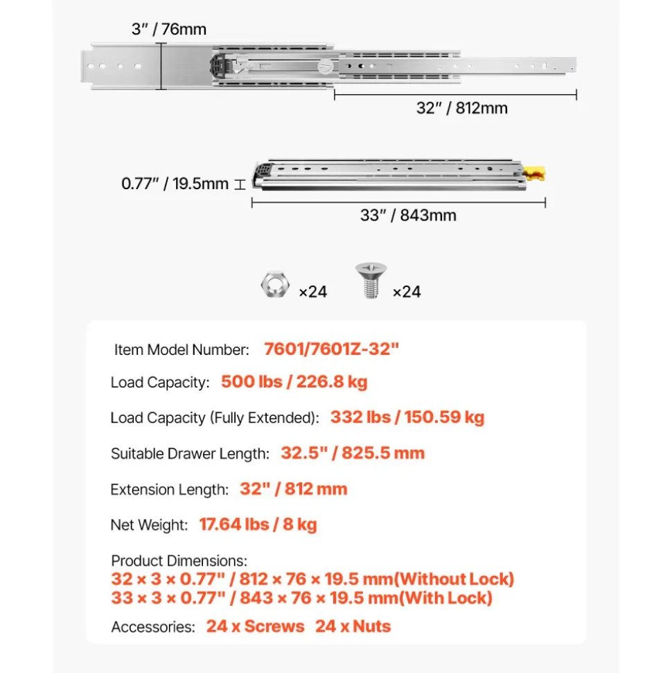 VEVOR Set of Two Drawer Rails, Sizes Ranging from 16 to 60 inches, 500 lbs Weight Tolerance, Ball Bearing Equipped with Locking Mechanism, Side Mounted Slide Rail