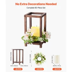 VEVOR 20 Set/60 Pcs Wooden Wedding Lantern Centerpiece, Includes 20 Wooden Lantern Candle Holder 20 Flameless LED Candle 20 Champagne Flower Wreath for Wedding Table Party Farmhouse Decor, Brown