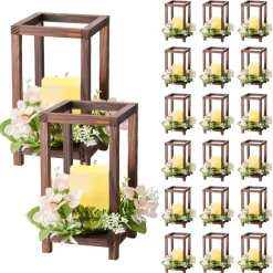 VEVOR 20 Set/60 Pcs Wooden Wedding Lantern Centerpiece, Includes 20 Wooden Lantern Candle Holder 20 Flameless LED Candle 20 Champagne Flower Wreath for Wedding Table Party Farmhouse Decor, Brown