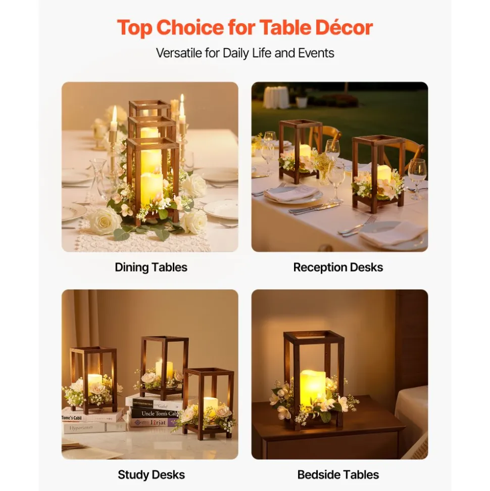 VEVOR 20 Set/60 Pcs Wooden Wedding Lantern Centerpiece, Includes 20 Wooden Lantern Candle Holder 20 Flameless LED Candle 20 Champagne Flower Wreath for Wedding Table Party Farmhouse Decor, Brown