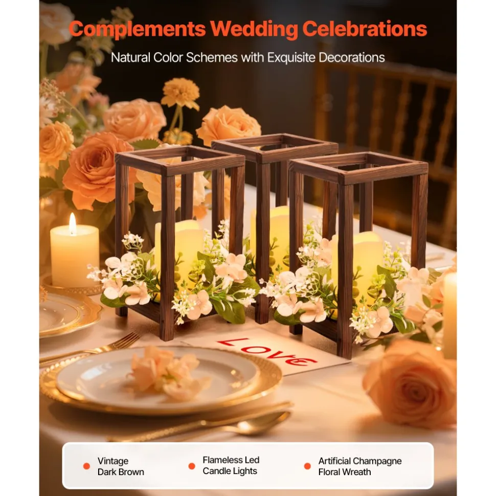 VEVOR 10 Set/30 Pcs Wooden Wedding Lantern Centerpiece, Includes 10 Wooden Lantern Candle Holder 10 Flameless LED Candle 10 Champagne Flower Wreath for Wedding Table Party Farmhouse Decor, Brown