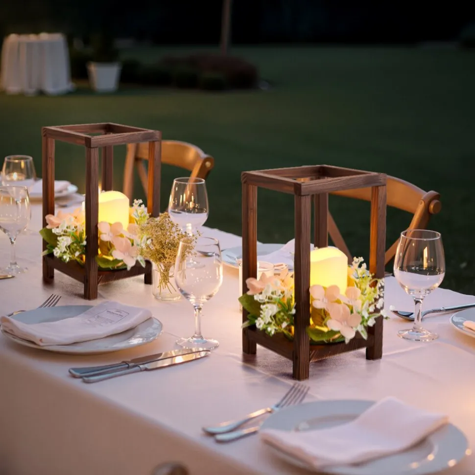 VEVOR 10 Set/30 Pcs Wooden Wedding Lantern Centerpiece, Includes 10 Wooden Lantern Candle Holder 10 Flameless LED Candle 10 Champagne Flower Wreath for Wedding Table Party Farmhouse Decor, Brown