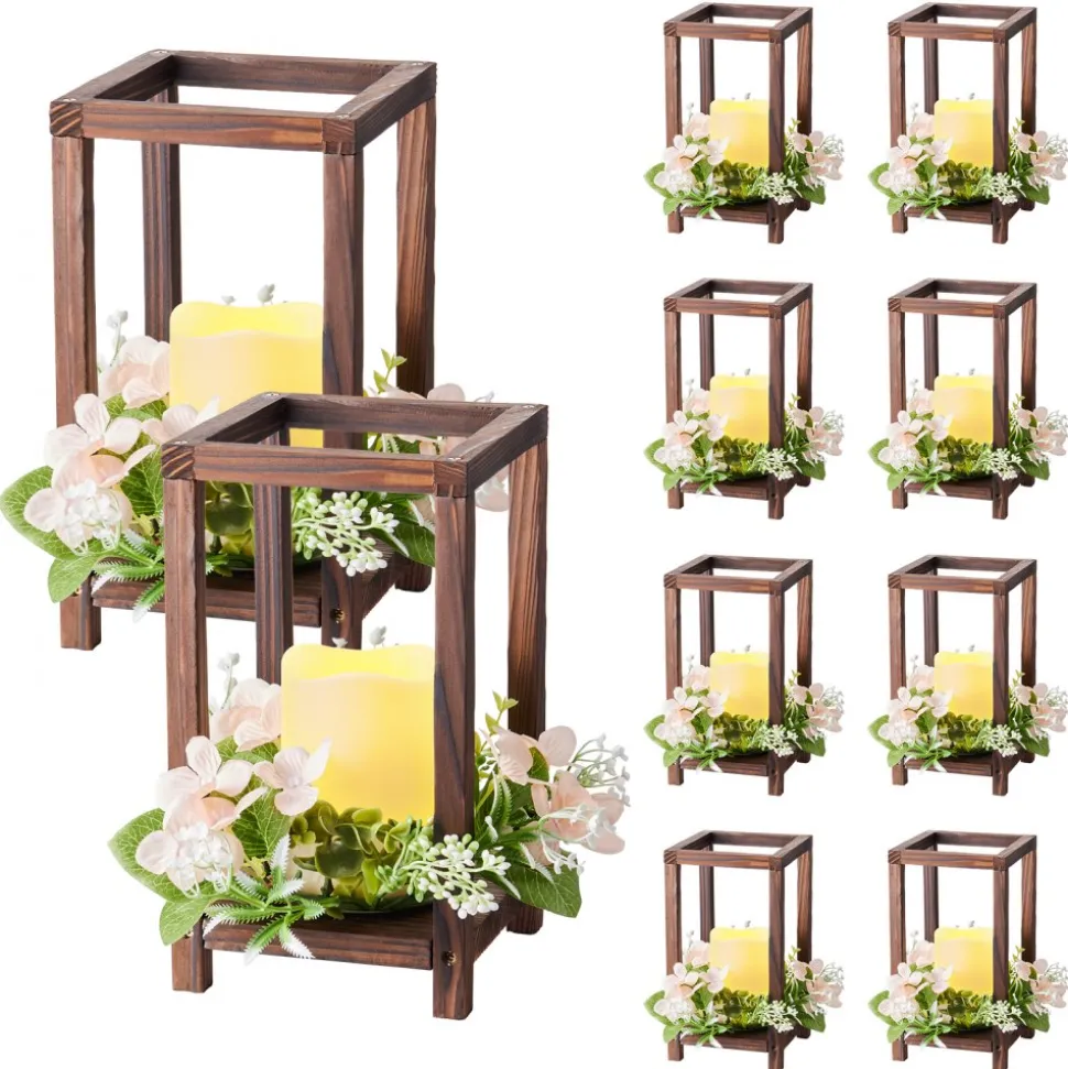 VEVOR 10 Set/30 Pcs Wooden Wedding Lantern Centerpiece, Includes 10 Wooden Lantern Candle Holder 10 Flameless LED Candle 10 Champagne Flower Wreath for Wedding Table Party Farmhouse Decor, Brown