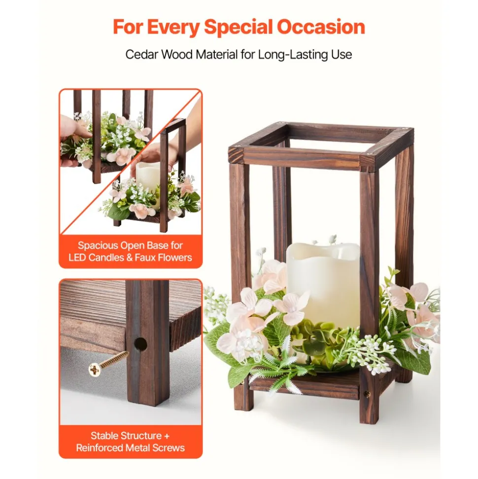 VEVOR 10 Set/30 Pcs Wooden Wedding Lantern Centerpiece, Includes 10 Wooden Lantern Candle Holder 10 Flameless LED Candle 10 Champagne Flower Wreath for Wedding Table Party Farmhouse Decor, Brown