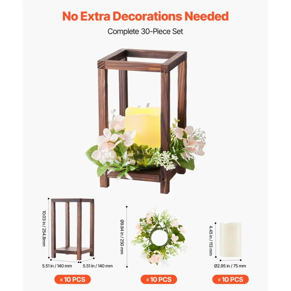 VEVOR 10 Set/30 Pcs Wooden Wedding Lantern Centerpiece, Includes 10 Wooden Lantern Candle Holder 10 Flameless LED Candle 10 Champagne Flower Wreath for Wedding Table Party Farmhouse Decor, Brown