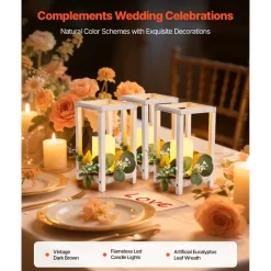 VEVOR 12 Set/36 Pcs Wooden Wedding Lantern Centerpiece, Includes 12 Wooden Lantern Candle Holder 12 Flameless LED Candle 12 Eucalyptus Leaves Wreath for Wedding Table Party Farmhouse Decor, White