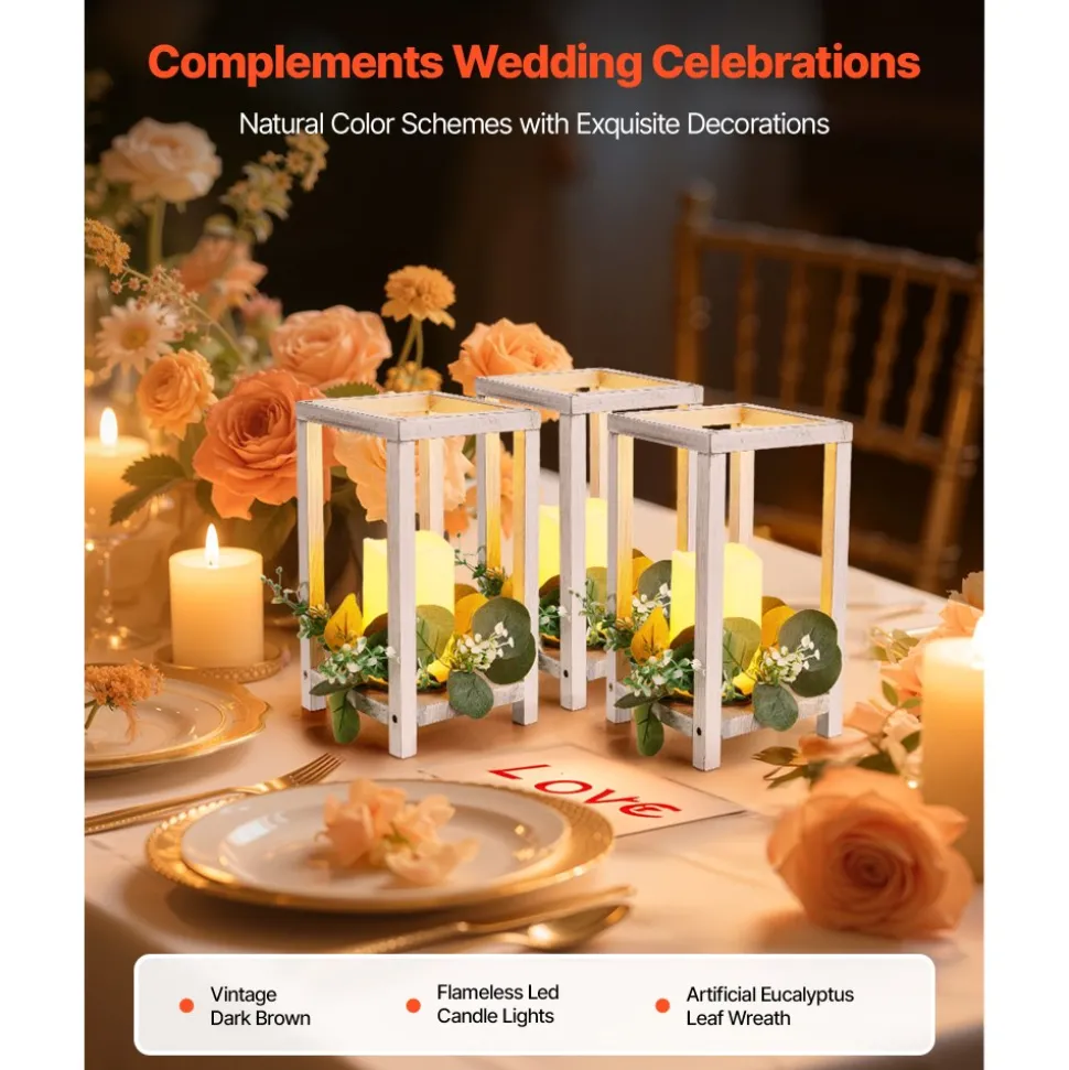 VEVOR 12 Set/36 Pcs Wooden Wedding Lantern Centerpiece, Includes 12 Wooden Lantern Candle Holder 12 Flameless LED Candle 12 Eucalyptus Leaves Wreath for Wedding Table Party Farmhouse Decor, White