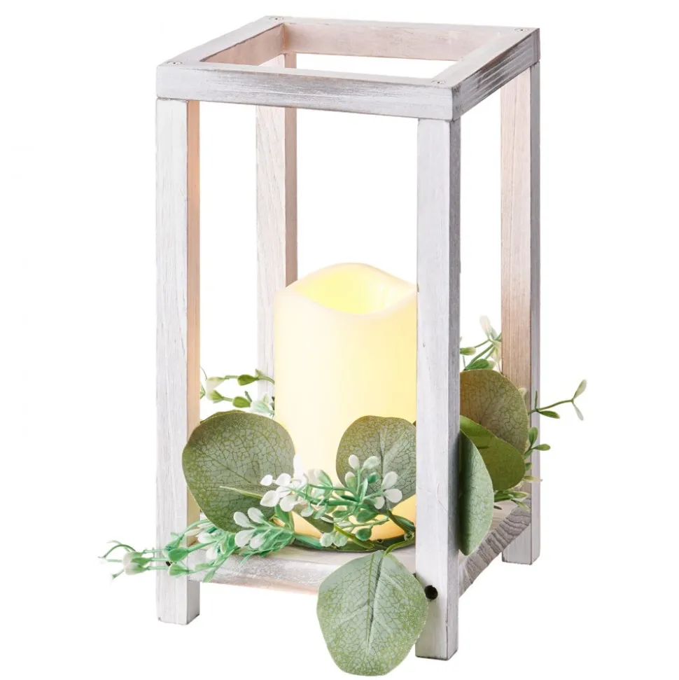 VEVOR 12 Set/36 Pcs Wooden Wedding Lantern Centerpiece, Includes 12 Wooden Lantern Candle Holder 12 Flameless LED Candle 12 Eucalyptus Leaves Wreath for Wedding Table Party Farmhouse Decor, White
