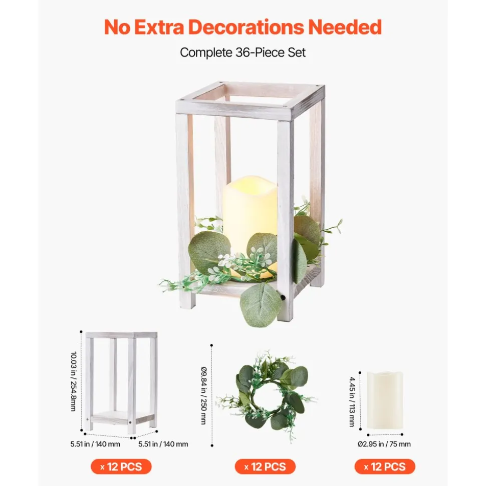 VEVOR 12 Set/36 Pcs Wooden Wedding Lantern Centerpiece, Includes 12 Wooden Lantern Candle Holder 12 Flameless LED Candle 12 Eucalyptus Leaves Wreath for Wedding Table Party Farmhouse Decor, White