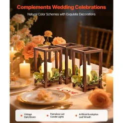 VEVOR 12 Set/36 Pcs Wooden Wedding Lantern Centerpiece, Includes 12 Wooden Lantern Candle Holder 12 Flameless LED Candle 12 Eucalyptus Leaves Wreath for Wedding Table Party Farmhouse Decor, Brown
