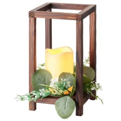 VEVOR 12 Set/36 Pcs Wooden Wedding Lantern Centerpiece, Includes 12 Wooden Lantern Candle Holder 12 Flameless LED Candle 12 Eucalyptus Leaves Wreath for Wedding Table Party Farmhouse Decor, Brown