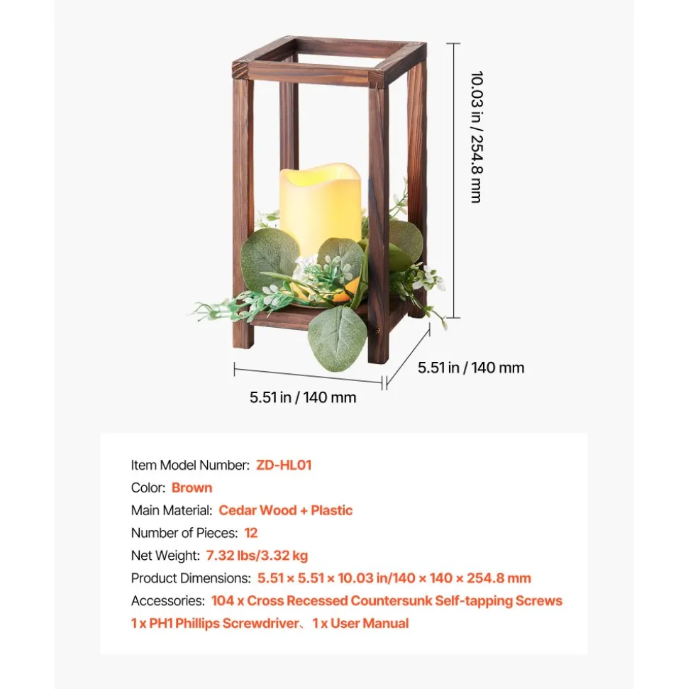 VEVOR 12 Set/36 Pcs Wooden Wedding Lantern Centerpiece, Includes 12 Wooden Lantern Candle Holder 12 Flameless LED Candle 12 Eucalyptus Leaves Wreath for Wedding Table Party Farmhouse Decor, Brown