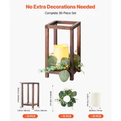 VEVOR 12 Set/36 Pcs Wooden Wedding Lantern Centerpiece, Includes 12 Wooden Lantern Candle Holder 12 Flameless LED Candle 12 Eucalyptus Leaves Wreath for Wedding Table Party Farmhouse Decor, Brown