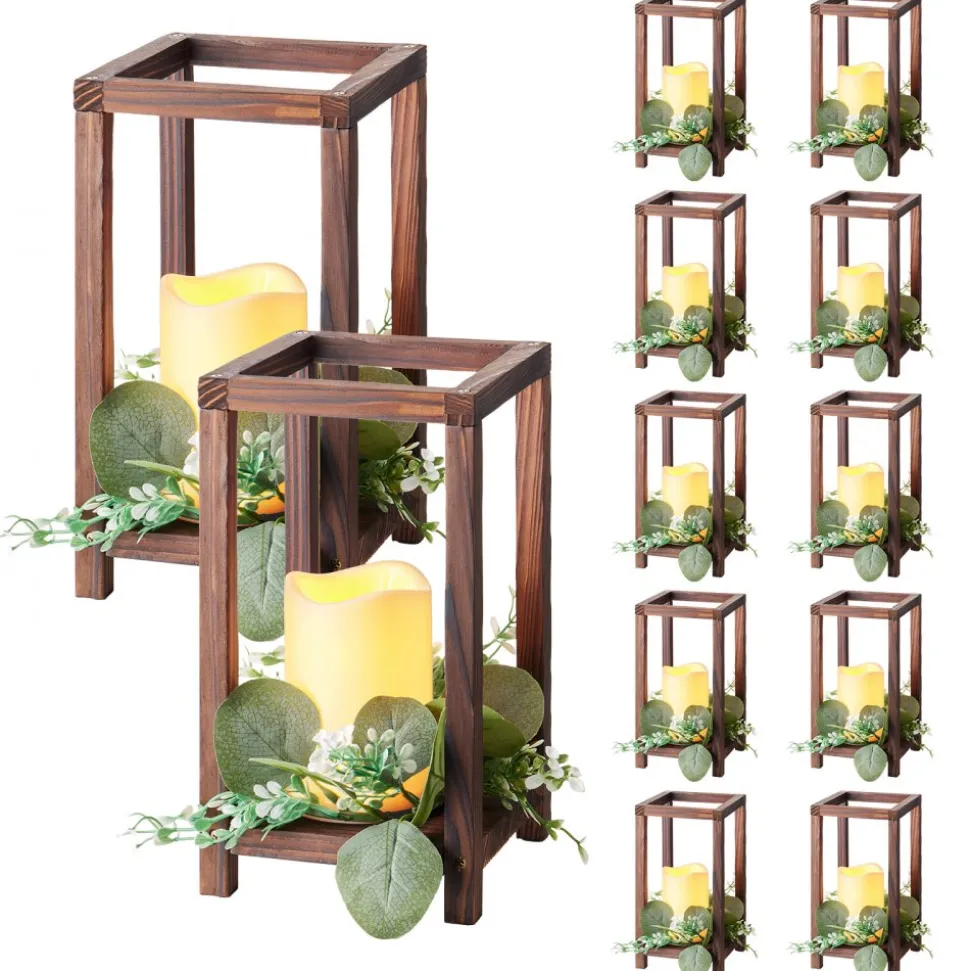 VEVOR 12 Set/36 Pcs Wooden Wedding Lantern Centerpiece, Includes 12 Wooden Lantern Candle Holder 12 Flameless LED Candle 12 Eucalyptus Leaves Wreath for Wedding Table Party Farmhouse Decor, Brown