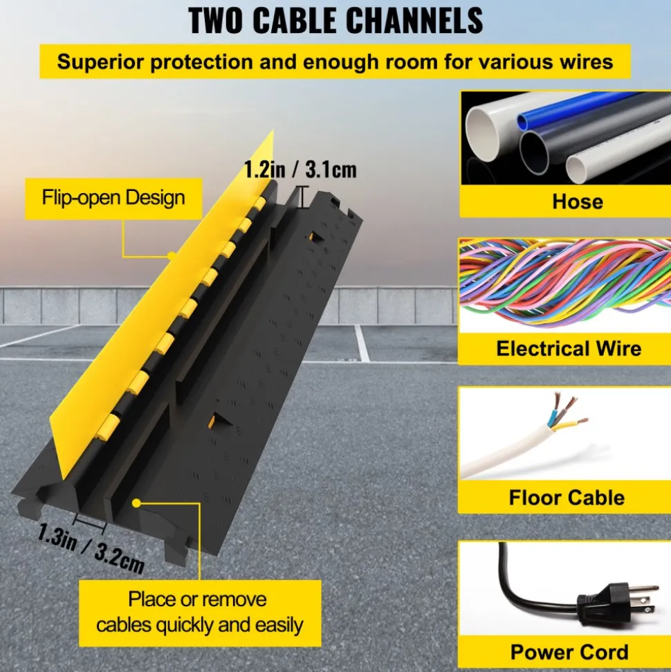 VEVOR 5-Set Rubber Cable Guard, Dual-Channel, Durable 66,000 lbs Capacity, Wire & Hose Protection Speed Bump for Driveways (2-Channel, 5 Sets-66,000 lbs)