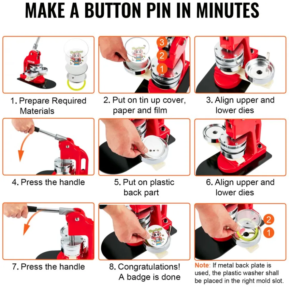 VEVOR 200 Sets 3 inch 75mm Pin Back Button Parts, DIY Round Button Badge Parts, Set Includes Metal Top, Plastic/Metal Button, Clear Film, and Blank Paper For Gifts Presents, Machine NOT Included