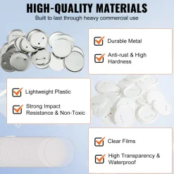 VEVOR 200 Sets 3 inch 75mm Pin Back Button Parts, DIY Round Button Badge Parts, Set Includes Metal Top, Plastic/Metal Button, Clear Film, and Blank Paper For Gifts Presents, Machine NOT Included
