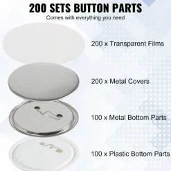 VEVOR 200 Sets 3 inch 75mm Pin Back Button Parts, DIY Round Button Badge Parts, Set Includes Metal Top, Plastic/Metal Button, Clear Film, and Blank Paper For Gifts Presents, Machine NOT Included
