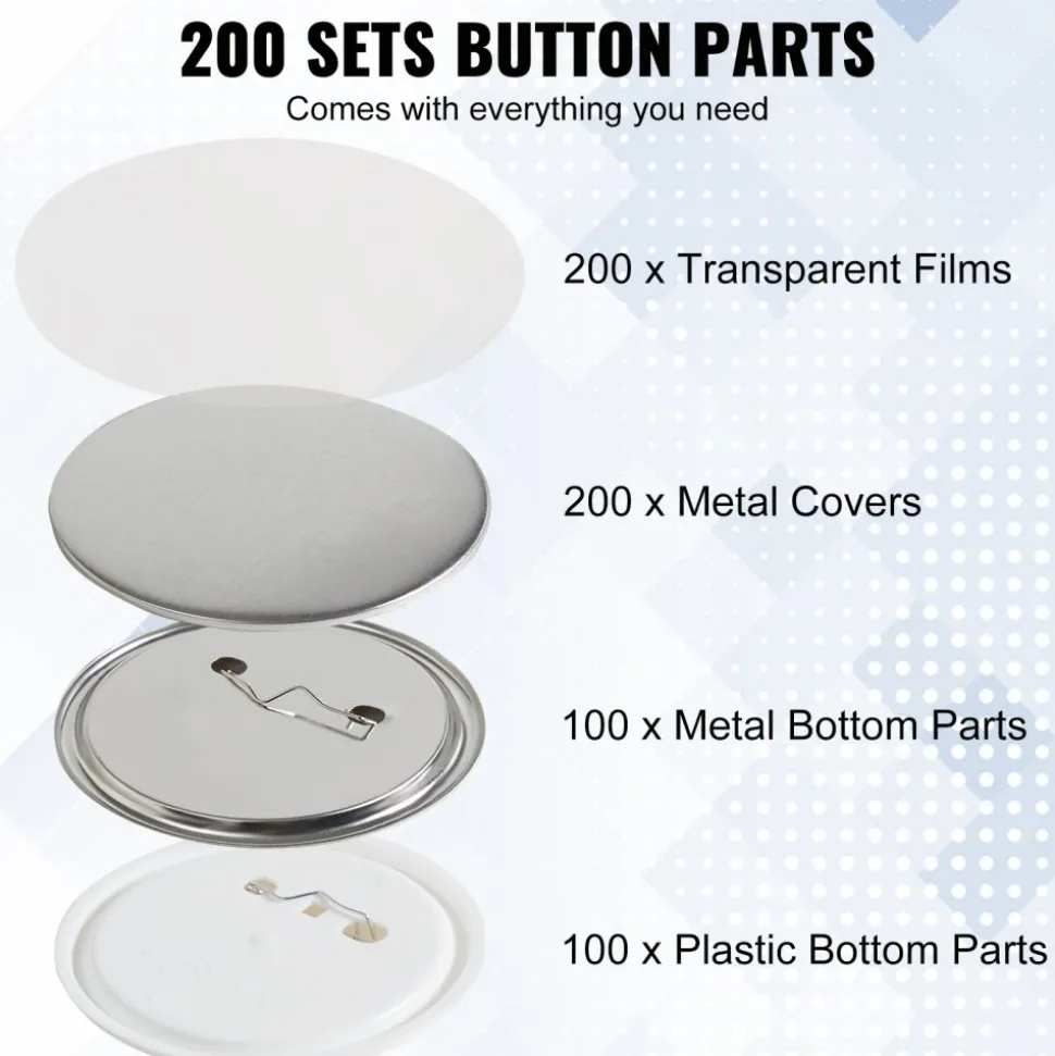 VEVOR 200 Sets 3 inch 75mm Pin Back Button Parts, DIY Round Button Badge Parts, Set Includes Metal Top, Plastic/Metal Button, Clear Film, and Blank Paper For Gifts Presents, Machine NOT Included