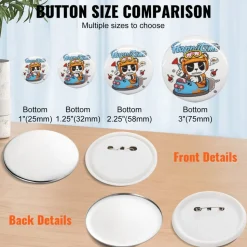 VEVOR 200 Sets 3 inch 75mm Pin Back Button Parts, DIY Round Button Badge Parts, Set Includes Metal Top, Plastic/Metal Button, Clear Film, and Blank Paper For Gifts Presents, Machine NOT Included