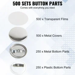 VEVOR 500 Sets 1 inch 25mm Pin Back Button Parts, DIY Round Button Badge Parts, Set Includes Metal Top, Plastic/Metal Button, Clear Film, and Blank Paper For Gifts Presents, Machine NOT Included