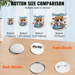 VEVOR 500 Sets 1 inch 25mm Pin Back Button Parts, DIY Round Button Badge Parts, Set Includes Metal Top, Plastic/Metal Button, Clear Film, and Blank Paper For Gifts Presents, Machine NOT Included