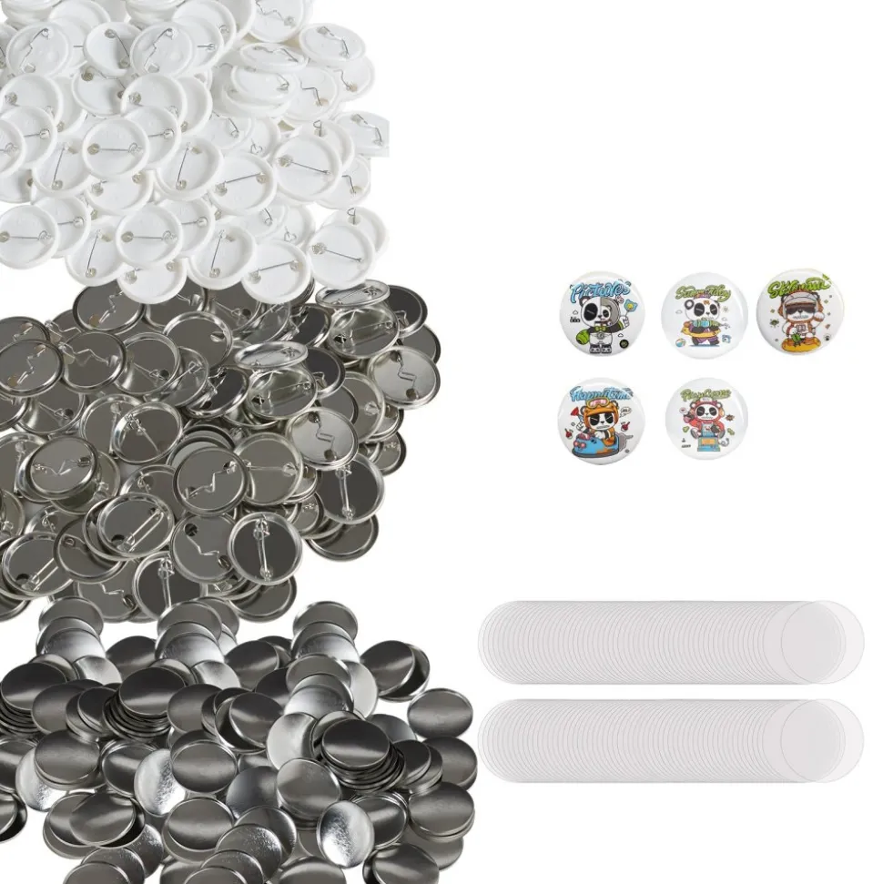 VEVOR 500 Sets 1.25 inch 32mm Pin Back Button Parts, DIY Round Button Badge Parts, Set Includes Metal Top, Plastic/Metal Button, Clear Film, and Blank Paper For Gifts Presents, Machine NOT Included